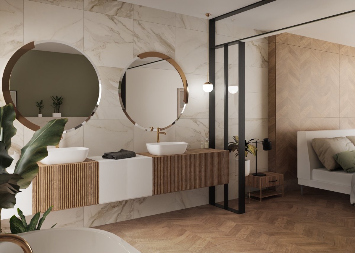 Aranżacja sypialni z łazienką z płytkami imitującymi marmur oraz drewno.
